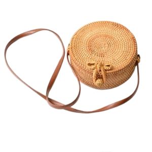 Bali Island Handwoven Round Bag with Leather Strap, EUC, 8" Diameter